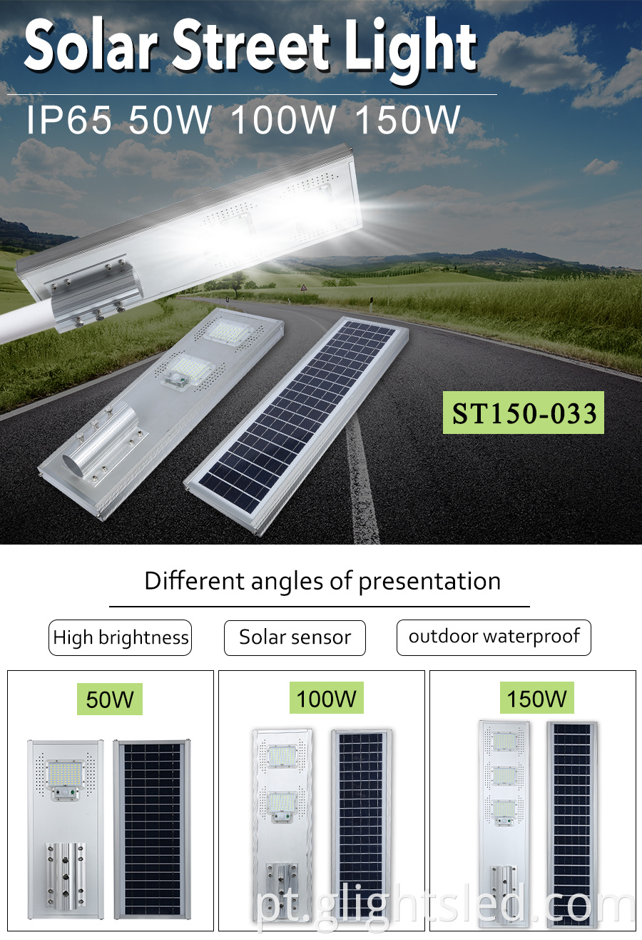 IP65 Integrado ao ar livre 100W 150W, tudo em uma iluminação solar de rua LED à prova d'água